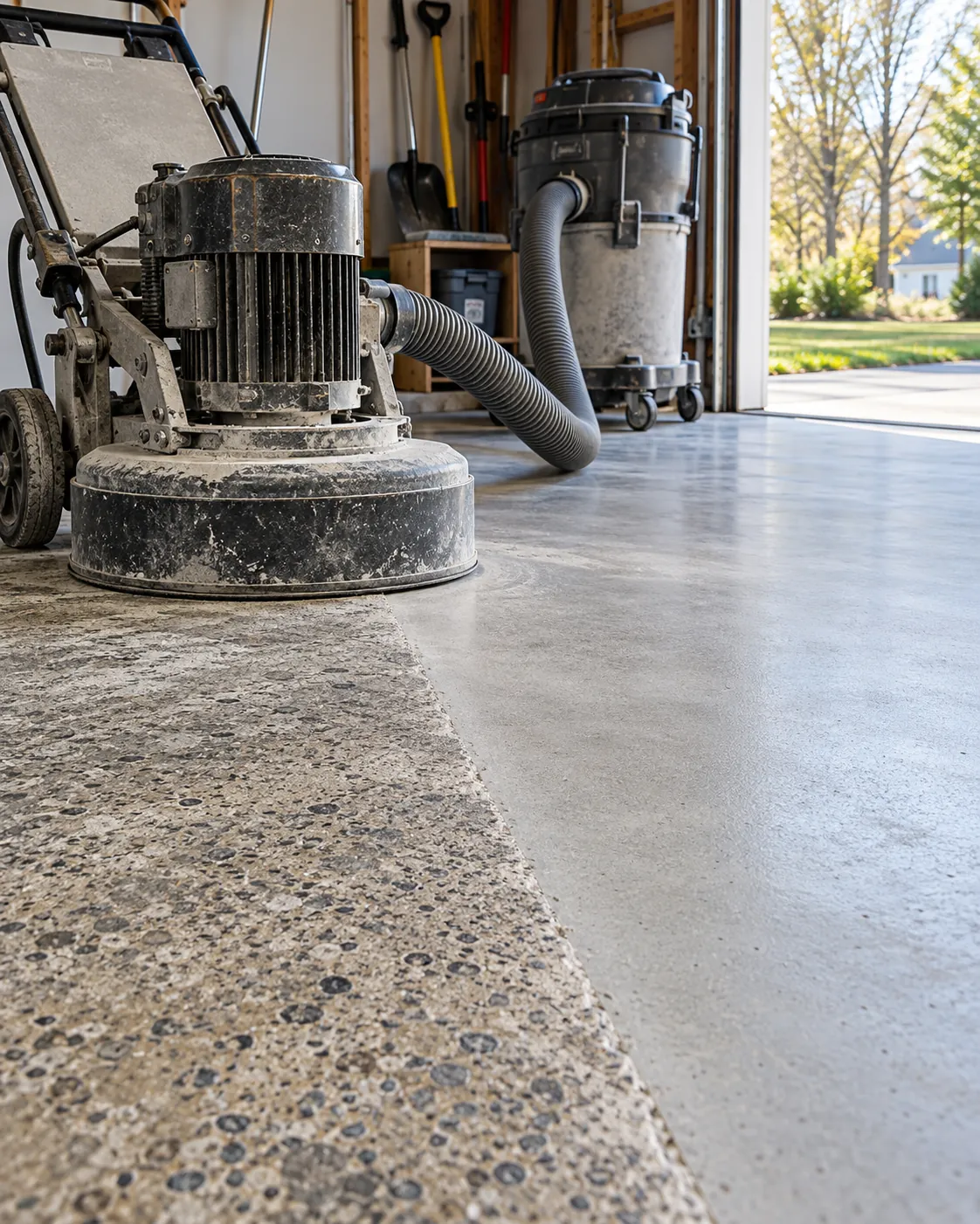 Concrete preparation tools beside a freshly ground slab
