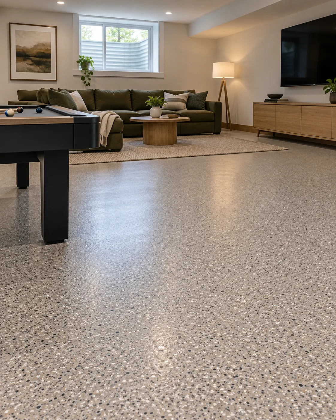 Basement rec room with a warm-grey coated floor
