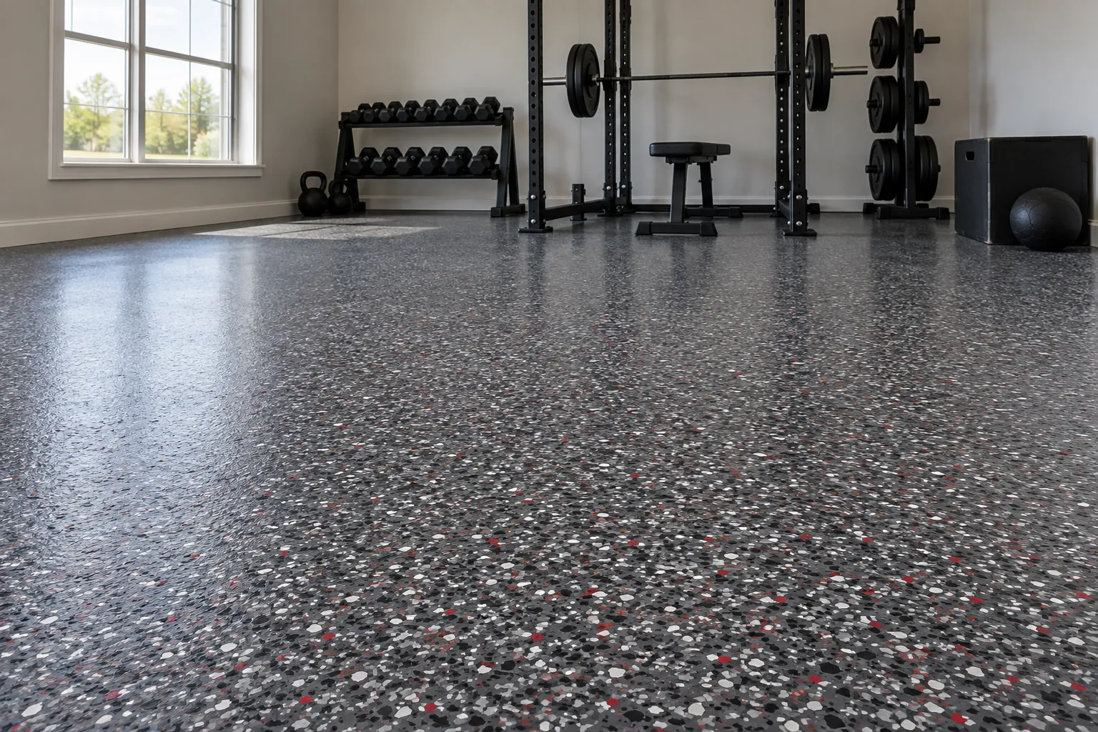 Illustrative basement space showing the Basalt Charcoal flake blend