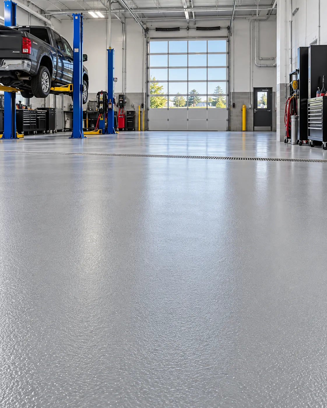 Commercial service bay with a light-grey coated floor
