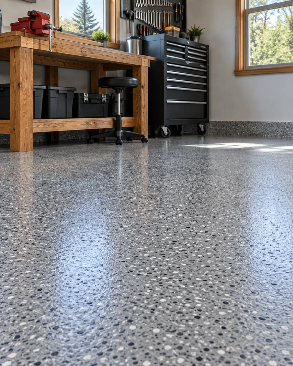 Grey flake epoxy floor in a precision workshop