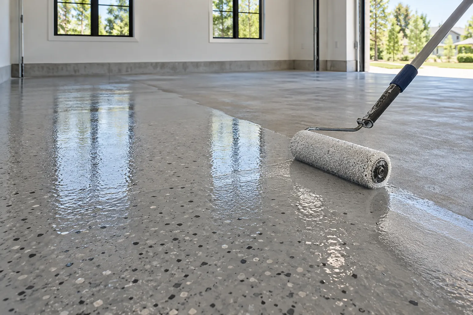 Roller applying a thin moisture-mitigation coating to prepared concrete