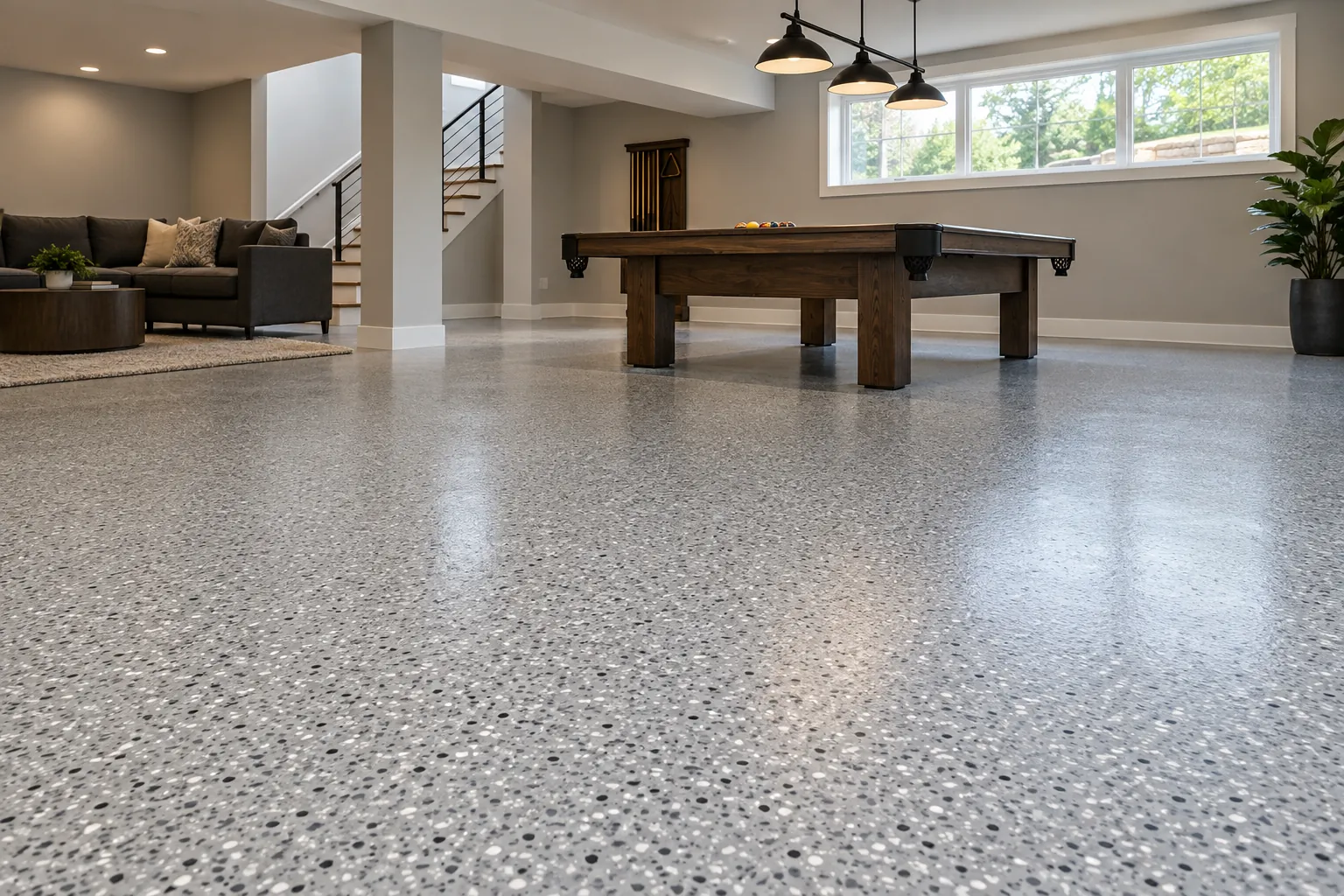 Basement games room with a glacier-grey flake floor