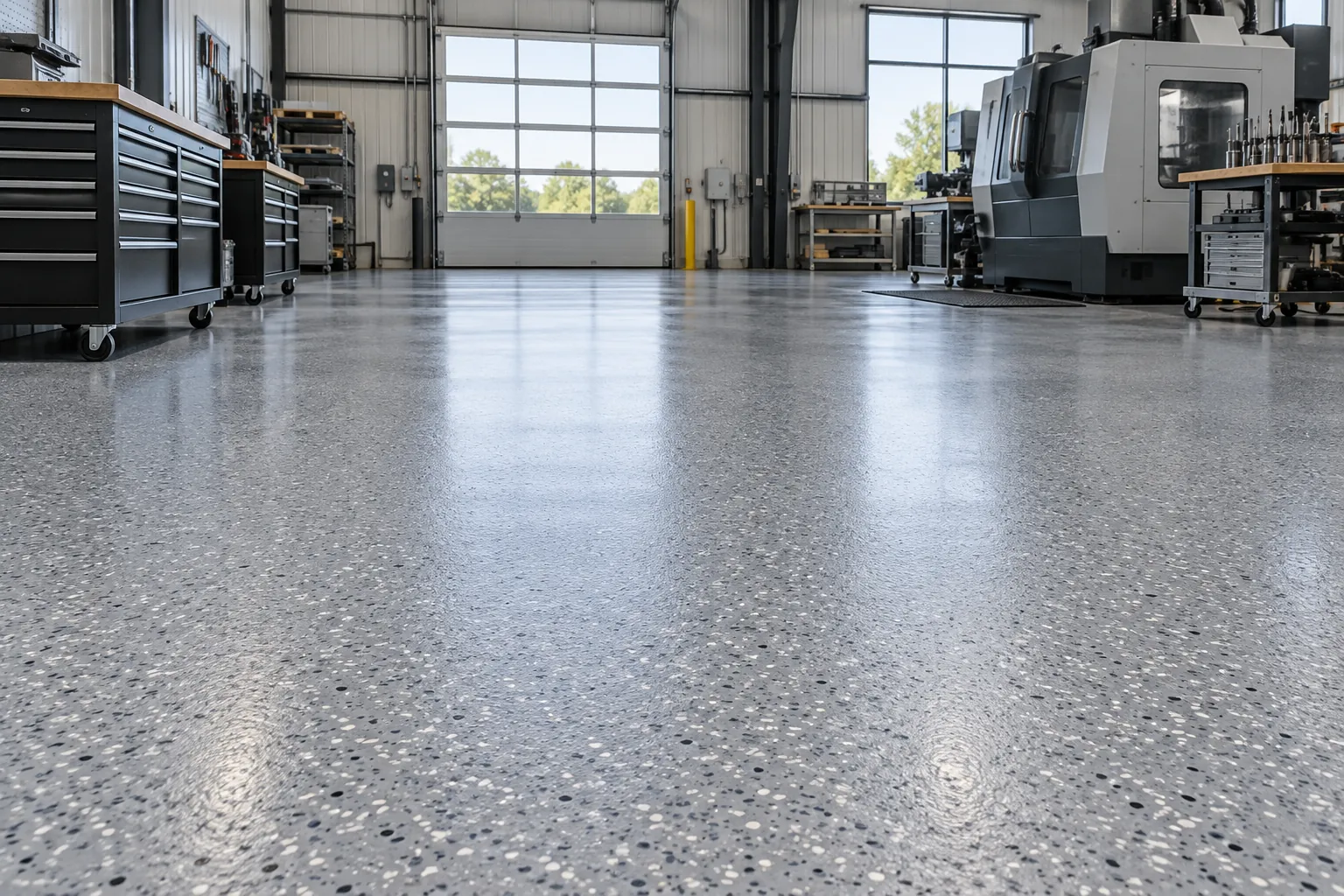 Light-industrial workshop with a cool-grey coated floor