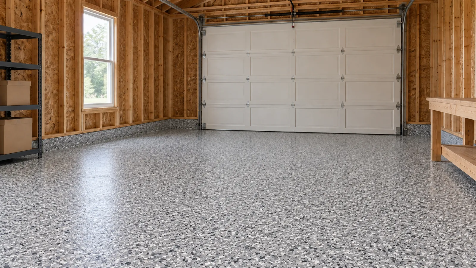 Illustrative same workshop with a warm-grey full-flake coating