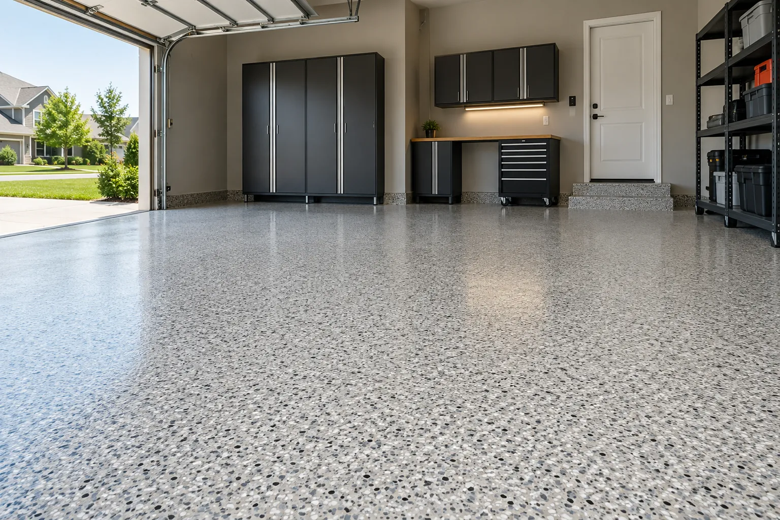 Residential garage with a light granite flake floor