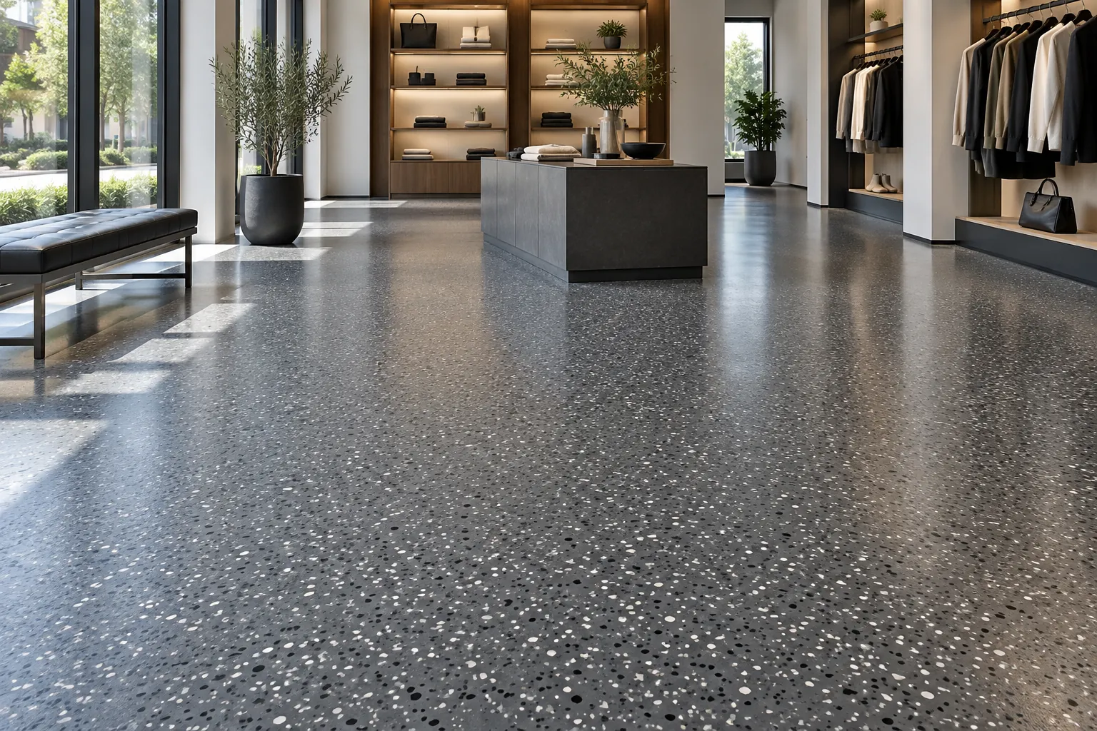 Retail display room with a charcoal-silver decorative floor