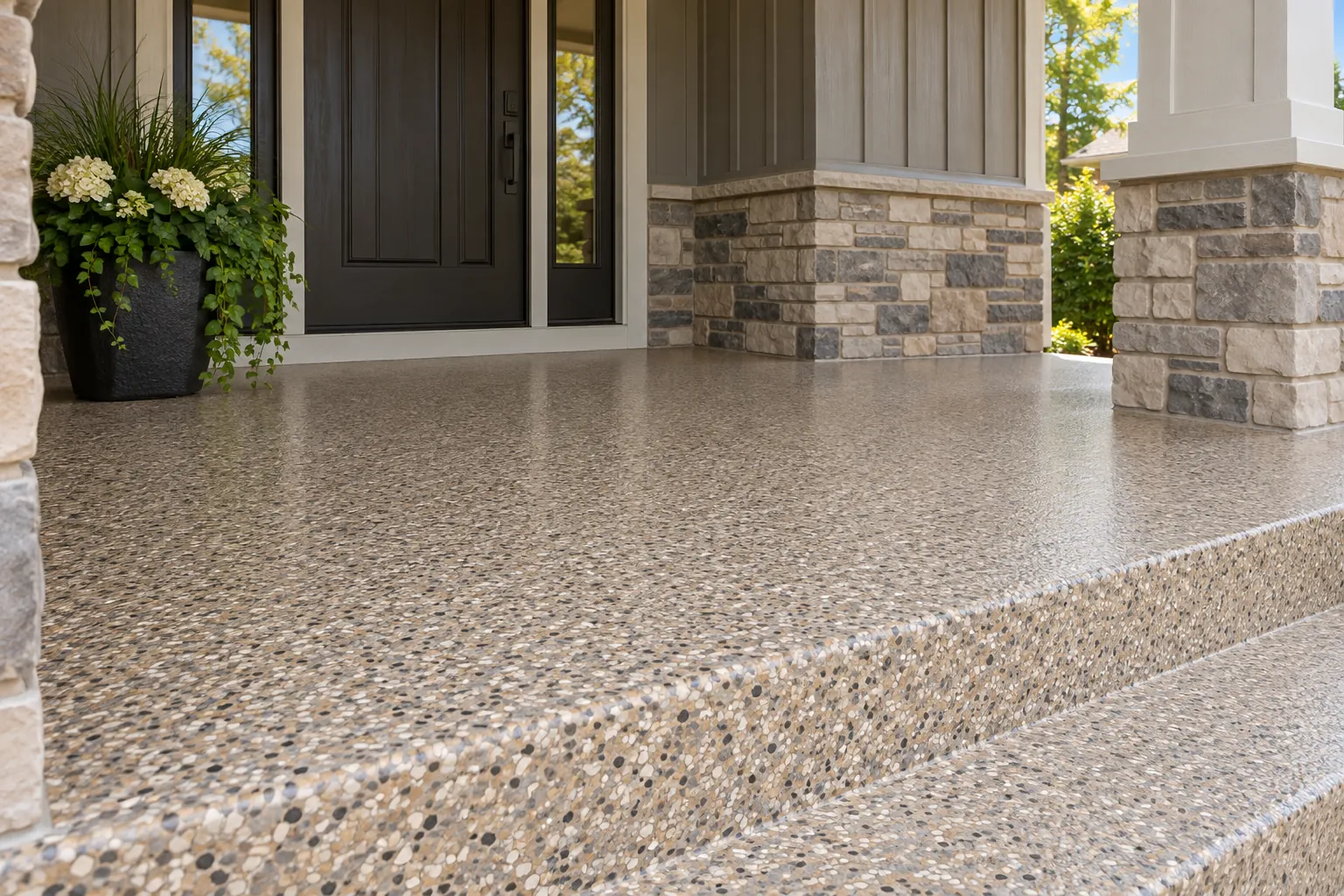 Covered porch and entry steps with a warm neutral flake finish