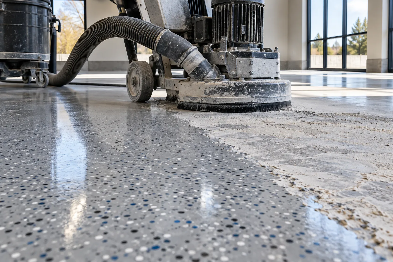 Edge grinder removing an old coating with dust extraction