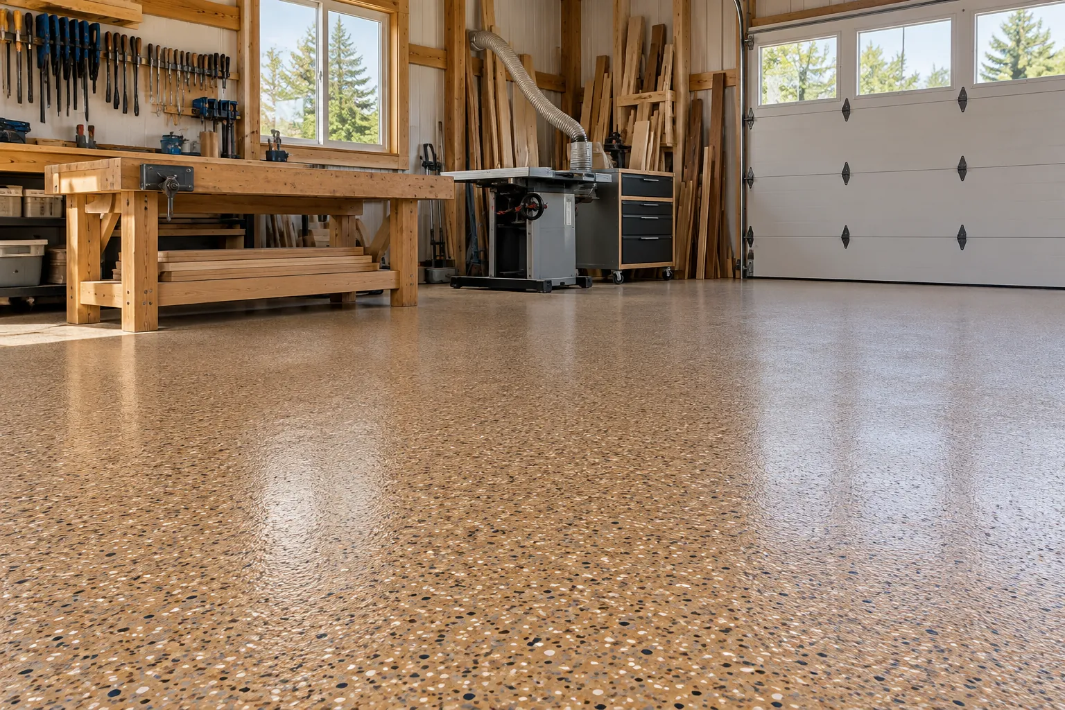 Woodworking garage with a saddle-tan flake floor