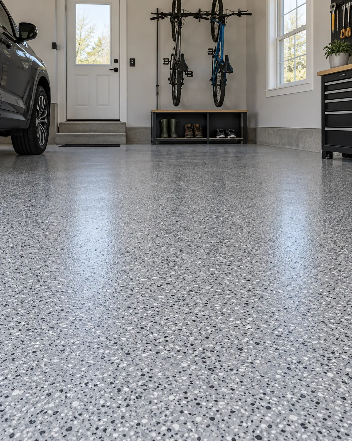 Family garage with a granite-grey flake floor