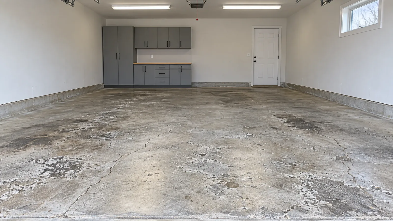 Illustrative garage with worn bare concrete before coating