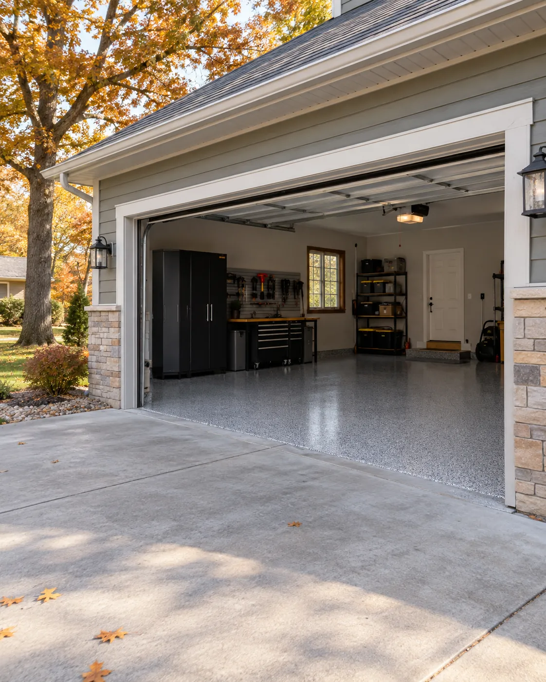 Residential garage exterior with a coated floor visible inside