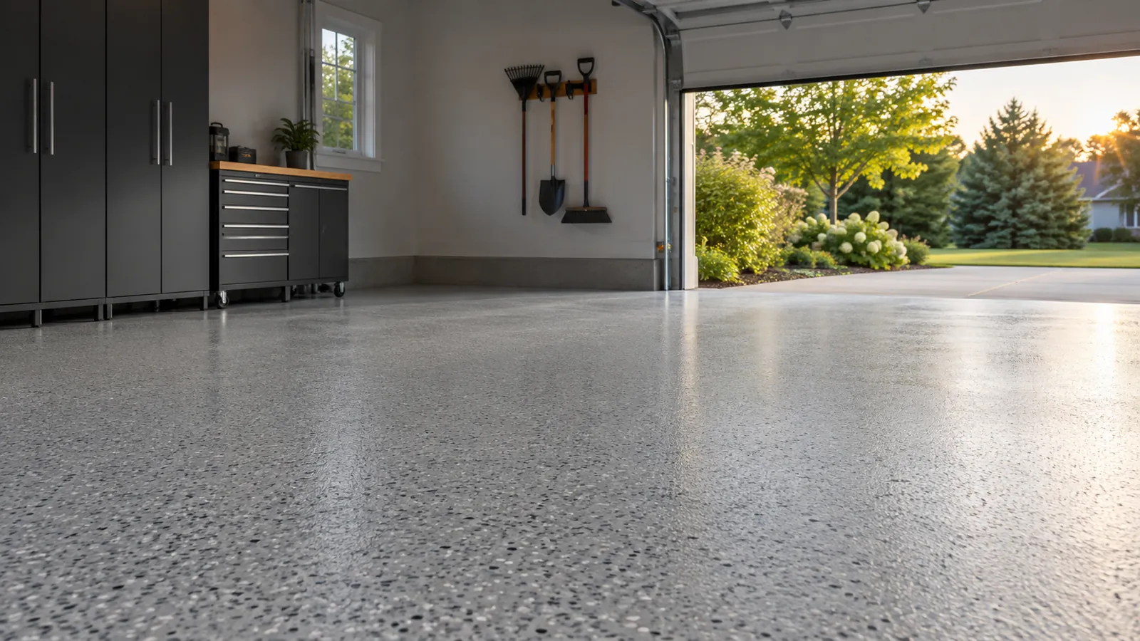 Finished light-grey garage floor in soft afternoon light