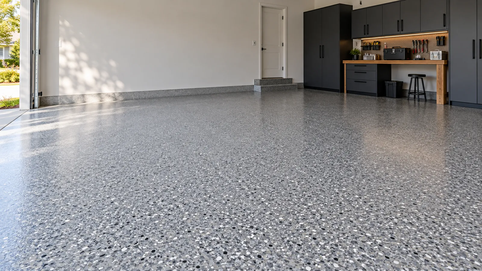 Clean two-car garage with an ash-grey full-flake floor