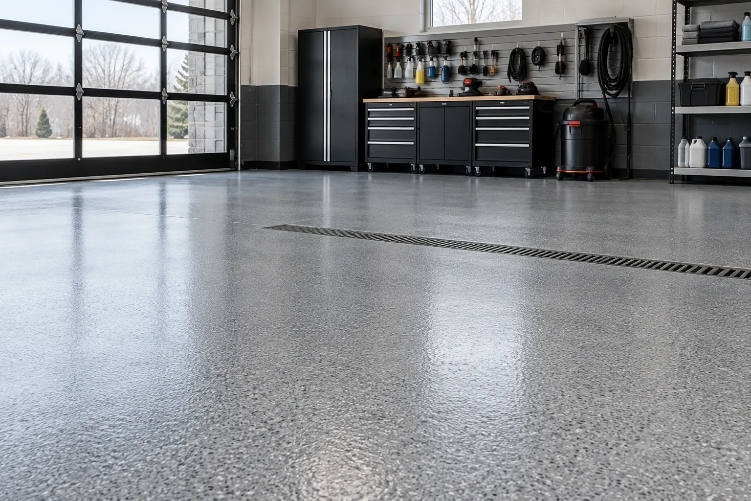 Auto-detailing bay with a grey coated concrete floor