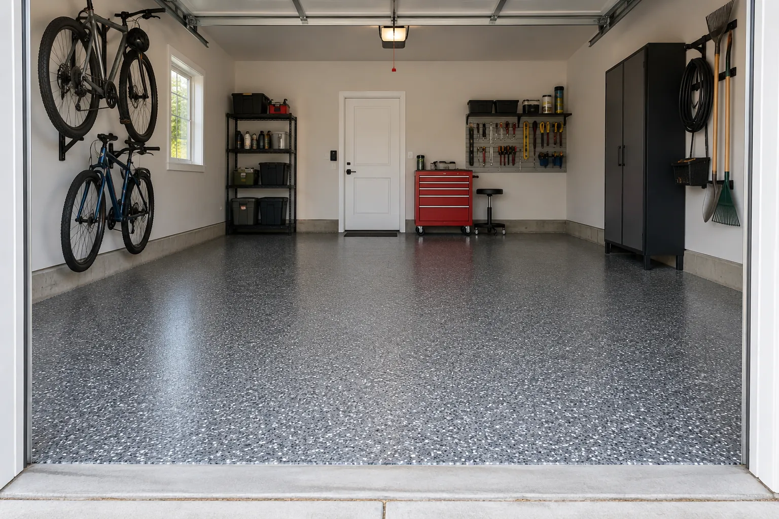 Detached garage with a charcoal and white flake floor