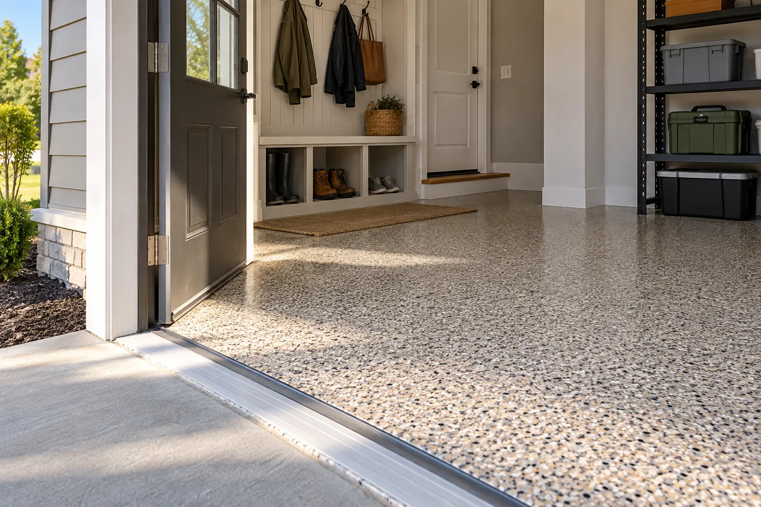 Sunlit entry with a light stone full-flake coating