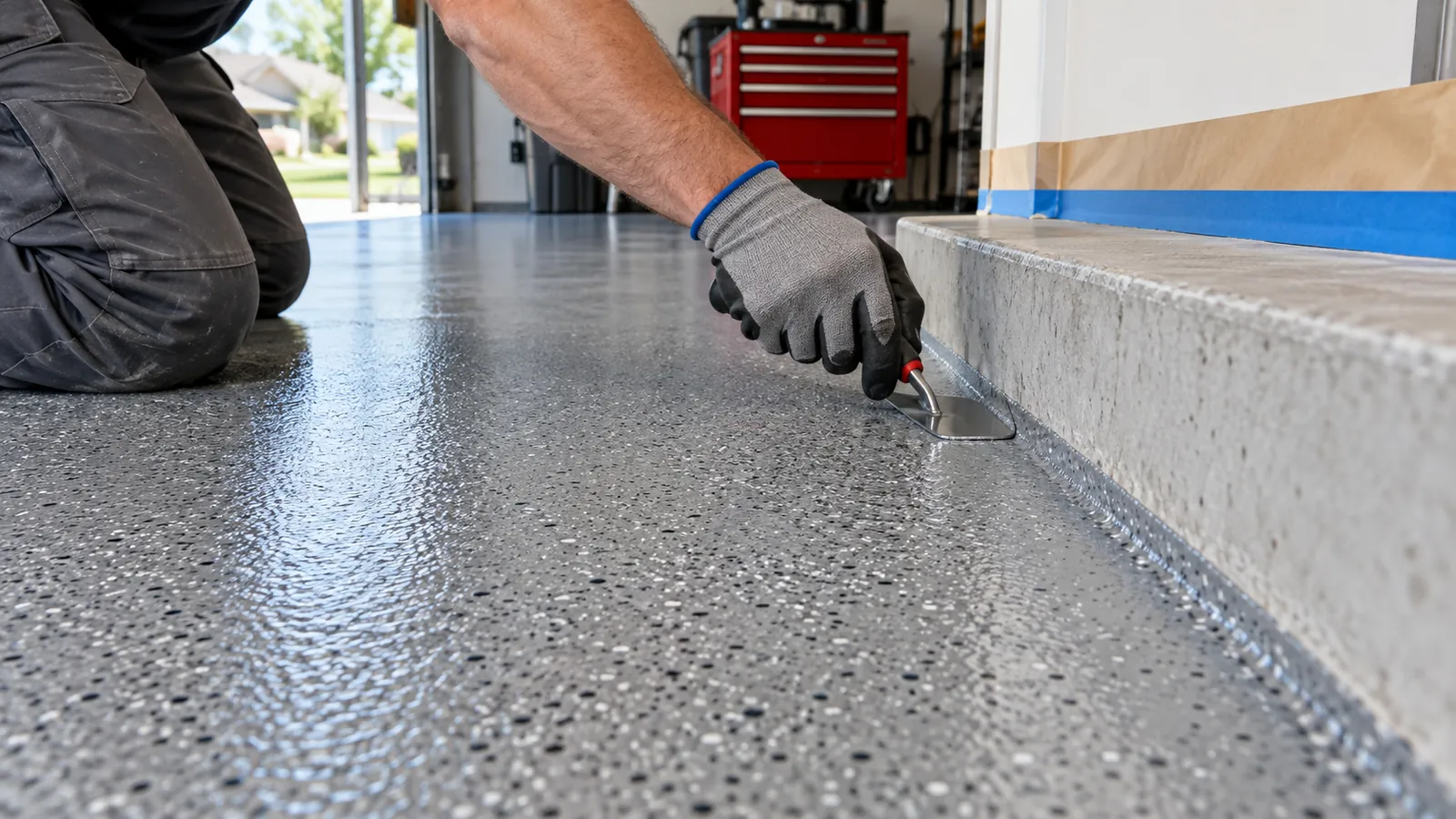 Installer carefully finishing a coated garage floor edge