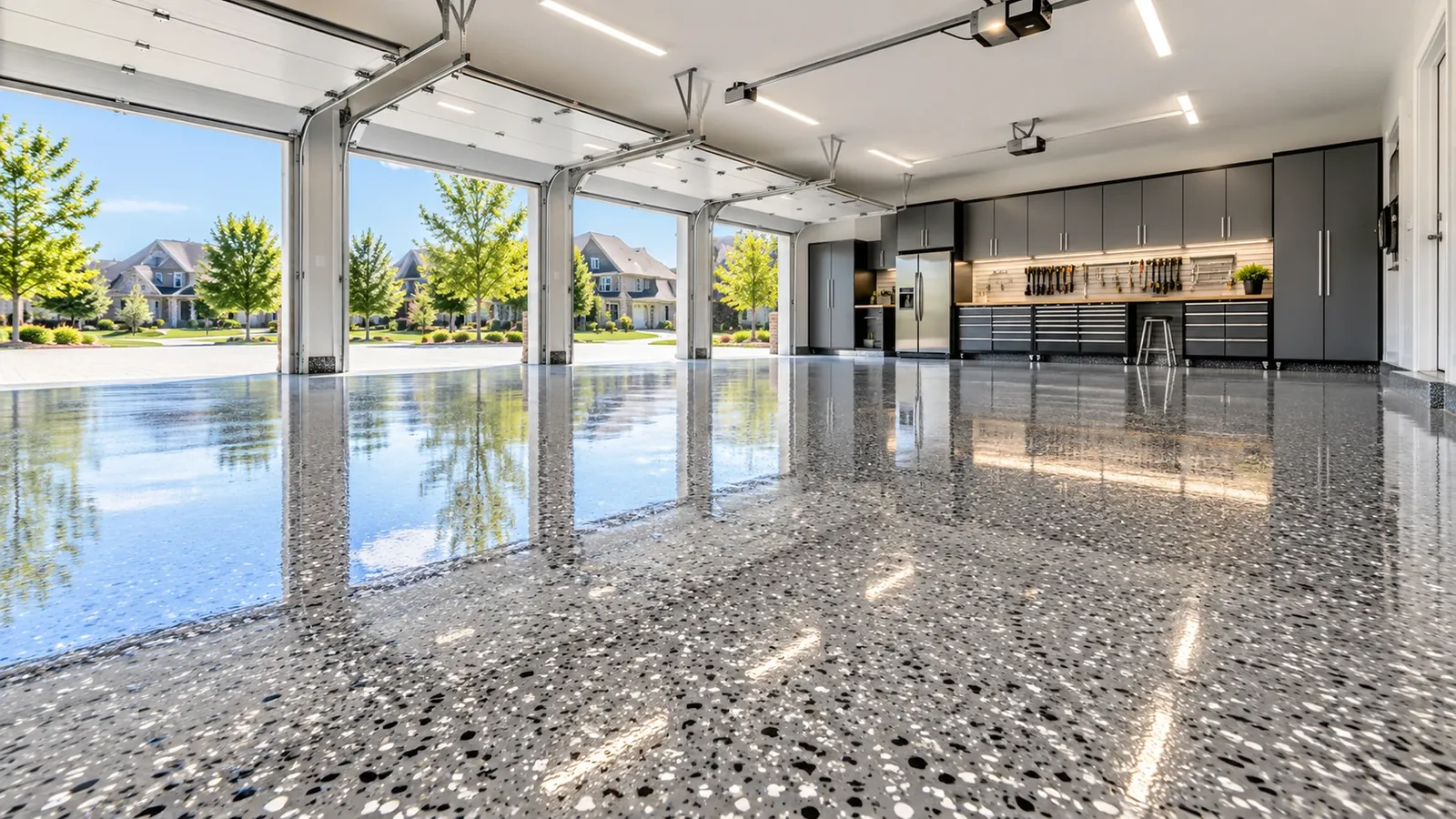 Illustrative bright garage with a flake-coated floor