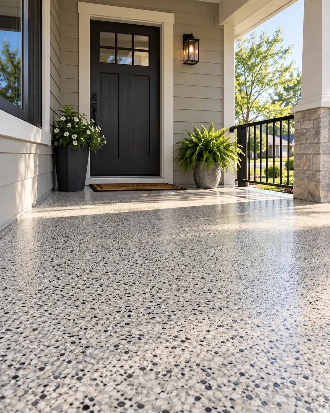 Sunlit porch entry with an off-white and charcoal flake coating