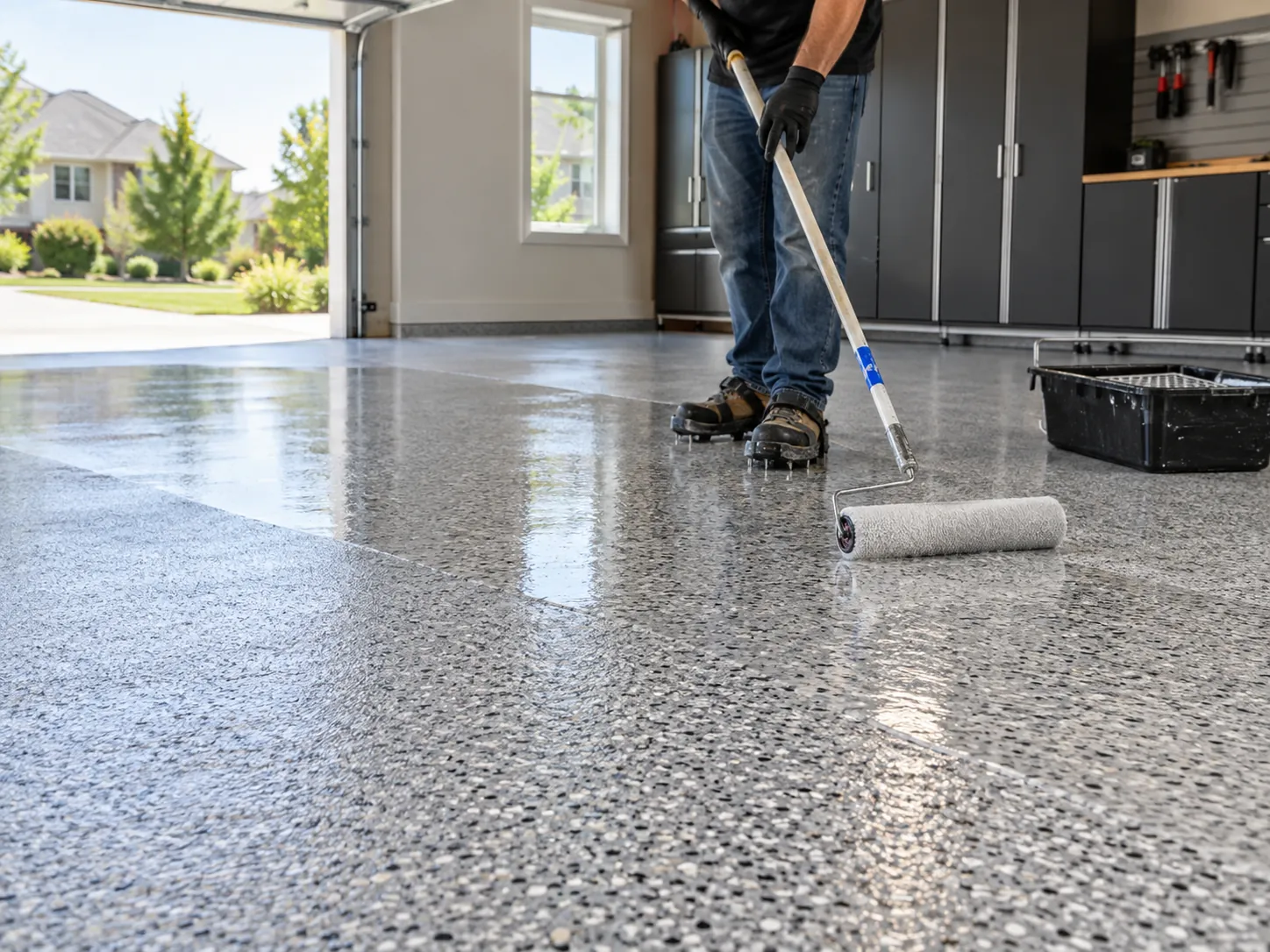 Installer applying a clear finish over a flake floor