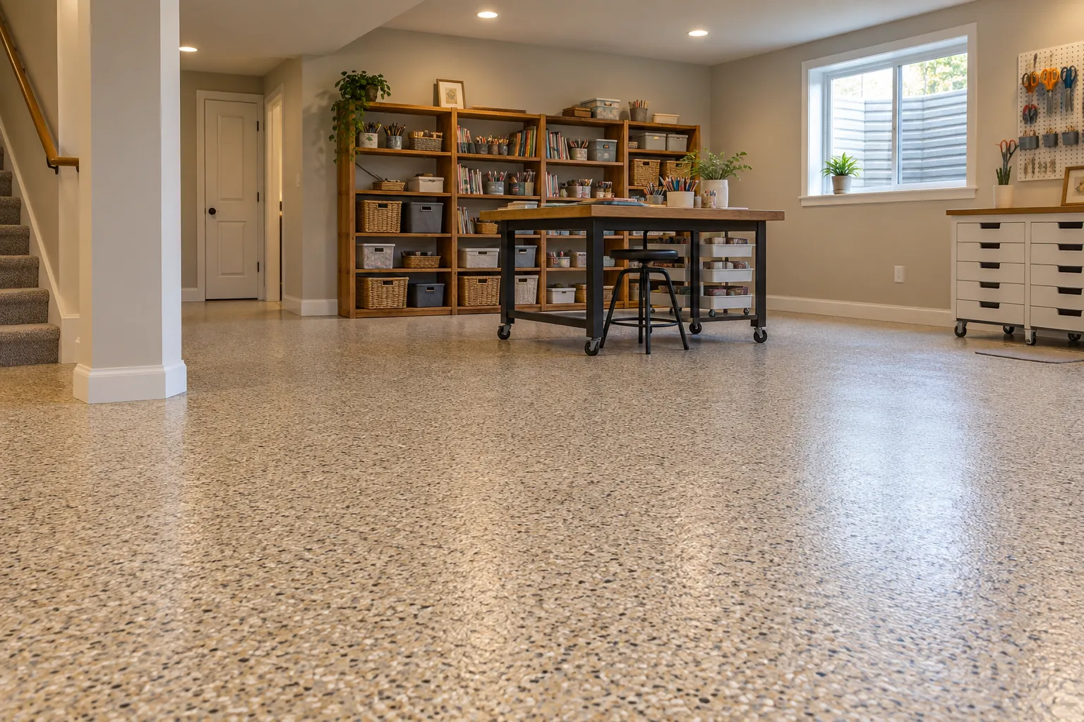 Basement craft room with a warm-tan flake floor