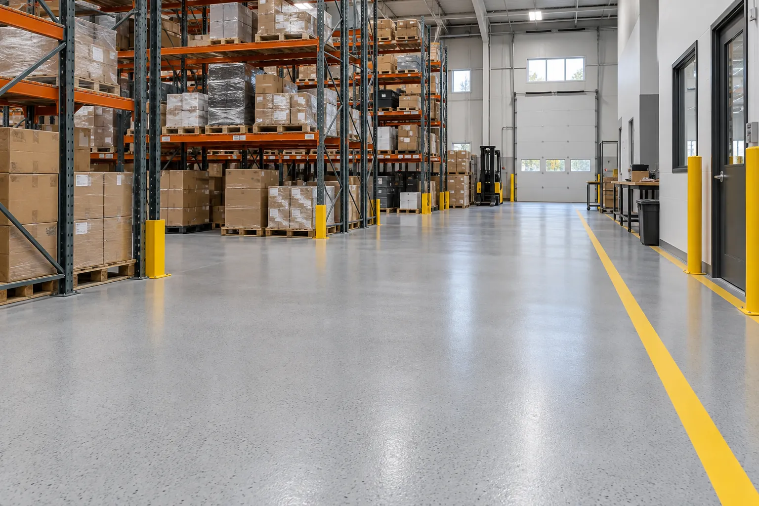 Fulfillment warehouse with a pale-grey coated floor