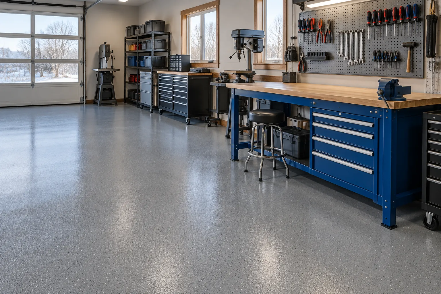 Workshop with a medium-grey epoxy floor