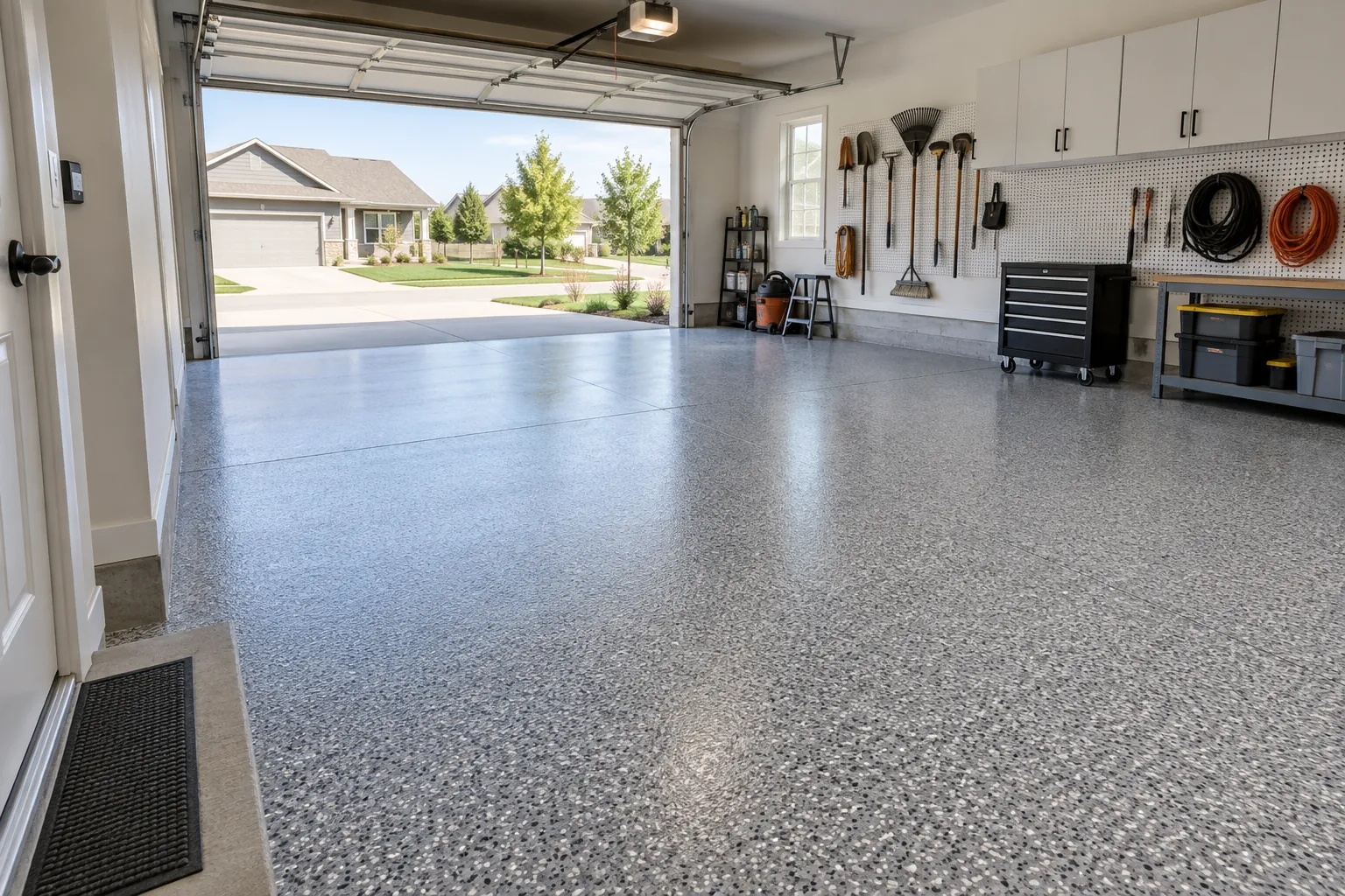 Two-car garage with a grey flake coating