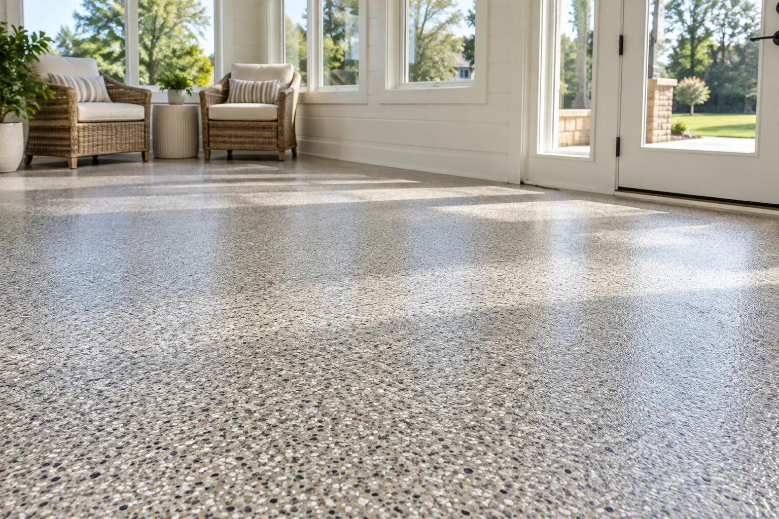 Sunroom with a neutral full-flake coating