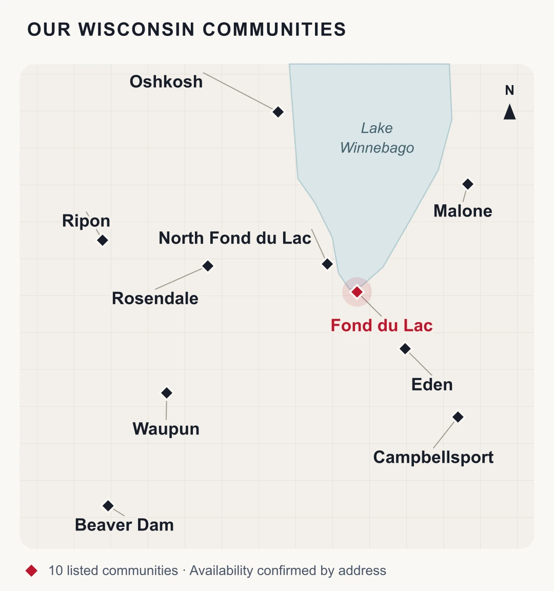 Service-area overview showing Fond du Lac, North Fond du Lac, Oshkosh, Ripon, Rosendale, Waupun, Beaver Dam, Malone, Eden and Campbellsport